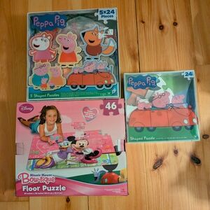 Peppa Pig Shaped Puzzle Set x2 And Minnie's Bowtique Floor Puzzle- Multicolor